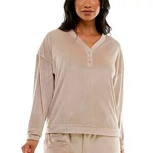 Roudelain Women's Long-Sleeve Ribbed Velour Pajama Top, Beige, Size L 1478
